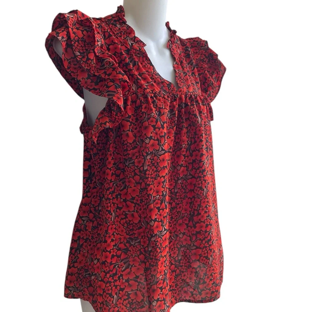 Red Black Floral Blouse Top Short Flutter Sleeves Ruffle v-Neck Unbranded Size M - Picture 2 of 3